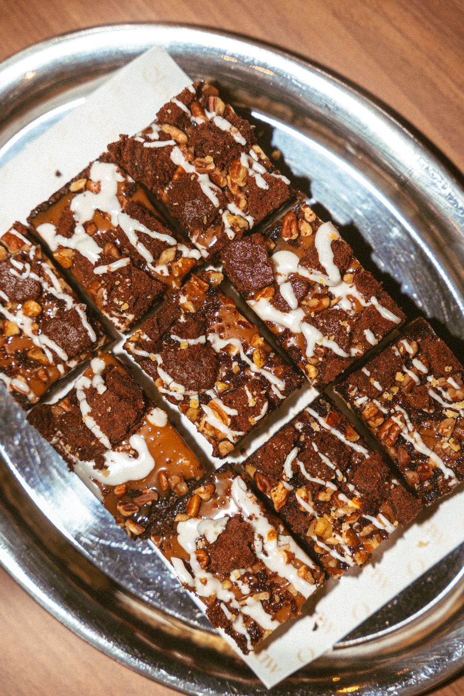 Brownies on a silver tray